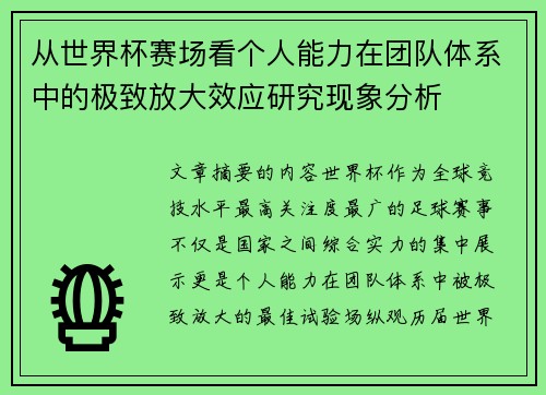从世界杯赛场看个人能力在团队体系中的极致放大效应研究现象分析