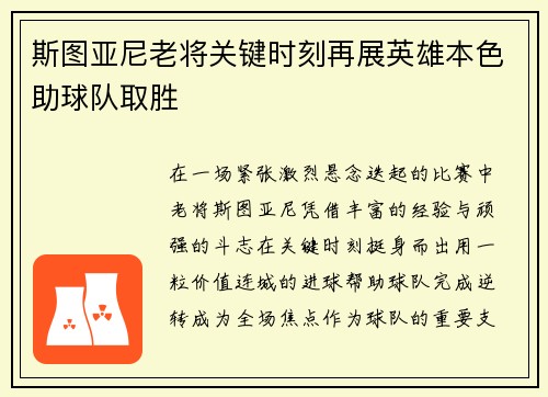 斯图亚尼老将关键时刻再展英雄本色助球队取胜 斯图亚尼老将关键时刻再展英雄本色助球队取胜