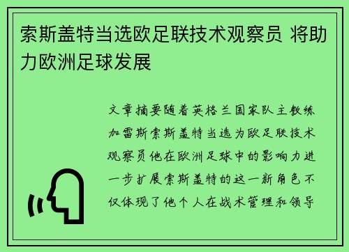 索斯盖特当选欧足联技术观察员 将助力欧洲足球发展 索斯盖特当选欧足联技术观察员 将助力欧洲足球发展