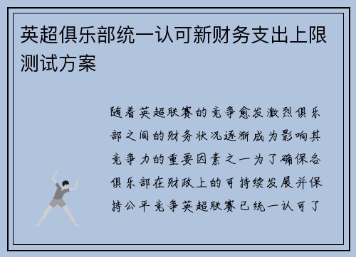 英超俱乐部统一认可新财务支出上限测试方案 英超俱乐部统一认可新财务支出上限测试方案
